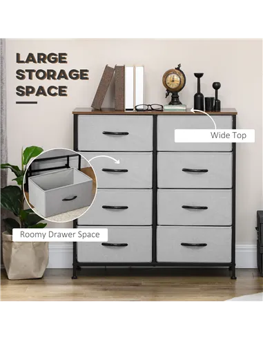 HOMCOM Fabric Chest of Drawers, Industrial Bedroom Dresser with 8 Fabric Drawers, Steel Frame and Wooden Top for Nursery, Living