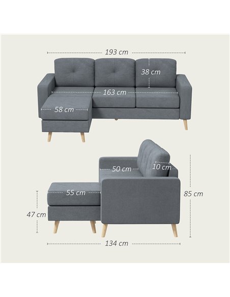HOMCOM 3 Seater Sofa with Footstool, Fabric L-Shaped Sofa, Sectional Couch with Wood Legs, Tufting Cushioned Back for Small Spac