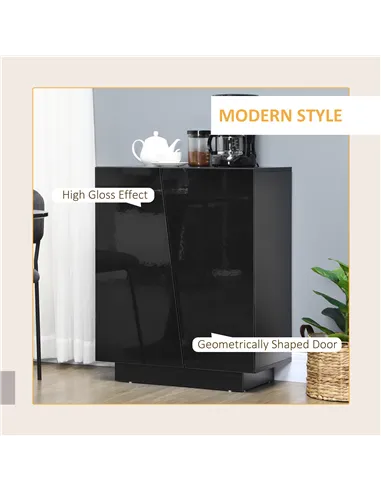 HOMCOM High Gloss Storage Cabinet, Freestanding Storage Cupboard with Adjustable Shelves for Living Room, Bedroom, Hallway, Blac