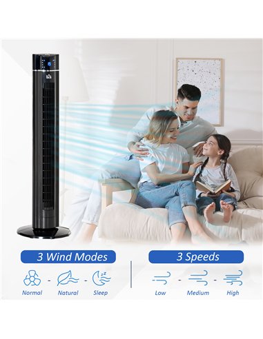 HOMCOM 42" Anion Tower Fan Cooling for Bedroom with 3 Speed, 3 Modes, 8h Timer, Oscillating, LED Panel, Remote Controller, Black