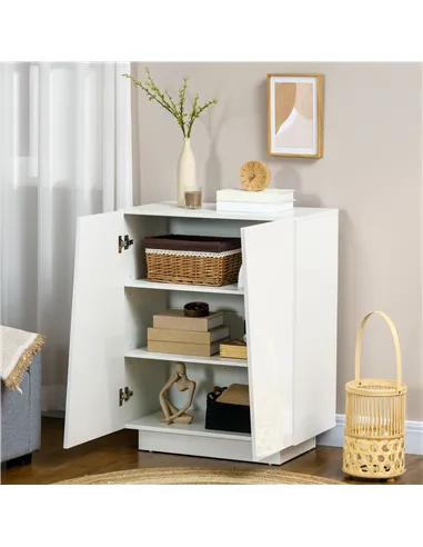 HOMCOM High Gloss Storage Cabinet, Freestanding Storage Cupboard with Adjustable Shelves for Living Room, Bedroom, Hallway, Whit