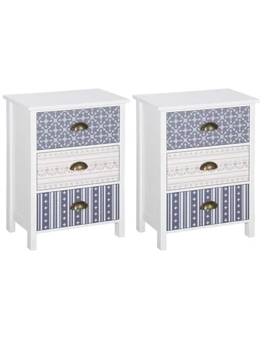 HOMCOM Bedside Table Set of 2 Chest of 3 Drawers Shabby Chic Nightstands with Metal Handle Sofa Side Table for Living Room, Bedr