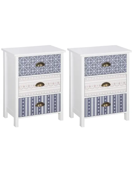 HOMCOM Bedside Table Set of 2 Chest of 3 Drawers Shabby Chic Nightstands with Metal Handle Sofa Side Table for Living Room, Bedr