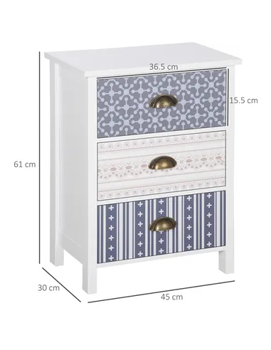 HOMCOM Bedside Table Set of 2 Chest of 3 Drawers Shabby Chic Nightstands with Metal Handle Sofa Side Table for Living Room, Bedr