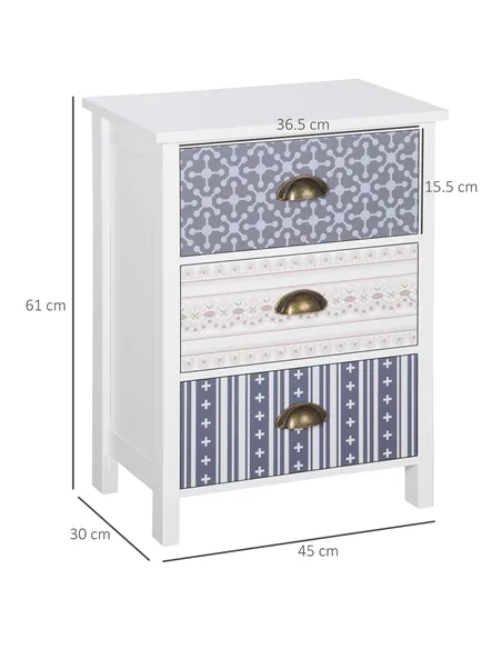 HOMCOM Bedside Table Set of 2 Chest of 3 Drawers Shabby Chic Nightstands with Metal Handle Sofa Side Table for Living Room, Bedr