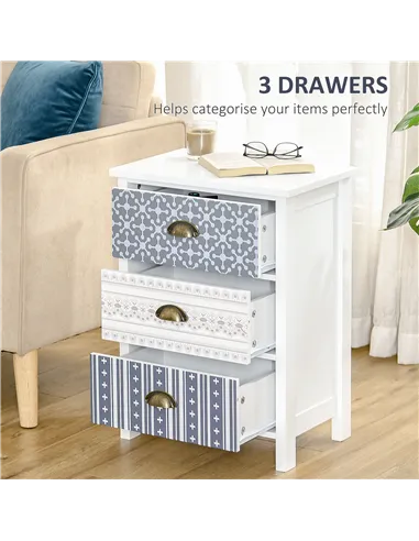 HOMCOM Bedside Table Set of 2 Chest of 3 Drawers Shabby Chic Nightstands with Metal Handle Sofa Side Table for Living Room, Bedr