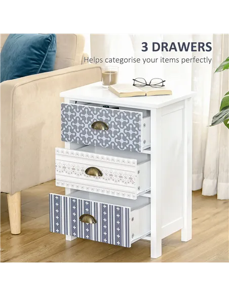 HOMCOM Bedside Table Set of 2 Chest of 3 Drawers Shabby Chic Nightstands with Metal Handle Sofa Side Table for Living Room, Bedr