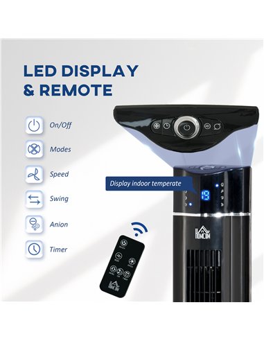 HOMCOM 42" Anion Tower Fan Cooling for Bedroom with 3 Speed, 3 Modes, 8h Timer, Oscillating, LED Panel, Remote Controller, Black