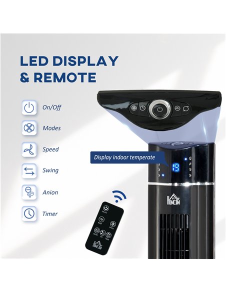 HOMCOM 42" Anion Tower Fan Cooling for Bedroom with 3 Speed, 3 Modes, 8h Timer, Oscillating, LED Panel, Remote Controller, Black