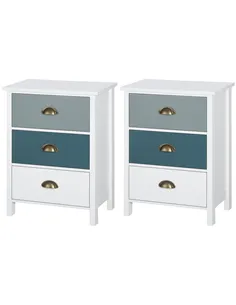 HOMCOM Bedside Table Set of 2 Chest of 3 Drawers Shabby Chic Nightstands with Metal Handle Sofa Side Table for Living Room, Bedr