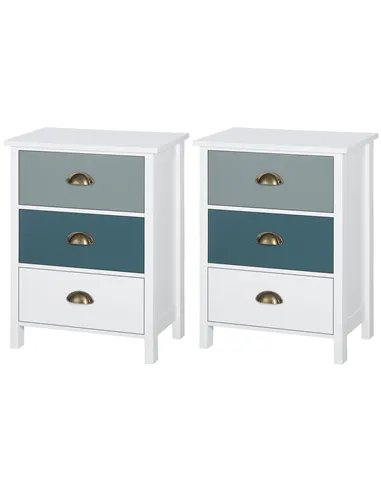 HOMCOM Bedside Table Set of 2 Chest of 3 Drawers Shabby Chic Nightstands with Metal Handle Sofa Side Table for Living Room, Bedr