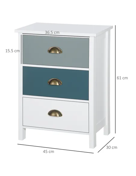 HOMCOM Bedside Table Set of 2 Chest of 3 Drawers Shabby Chic Nightstands with Metal Handle Sofa Side Table for Living Room, Bedr