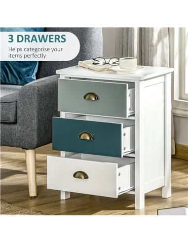 HOMCOM Bedside Table Set of 2 Chest of 3 Drawers Shabby Chic Nightstands with Metal Handle Sofa Side Table for Living Room, Bedr