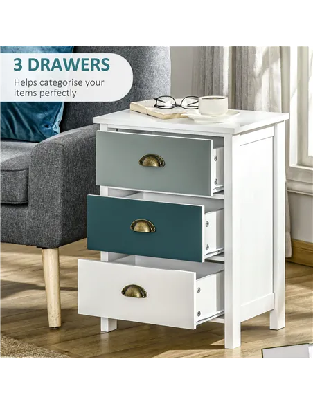 HOMCOM Bedside Table Set of 2 Chest of 3 Drawers Shabby Chic Nightstands with Metal Handle Sofa Side Table for Living Room, Bedr