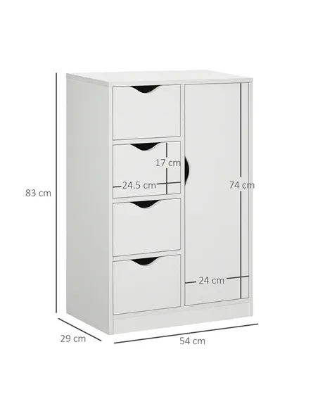 HOMCOM Bathroom Cabinet, Freestanding Storage Cabinet with 4 Drawers, Door Cupboard for Living Room, Kitchen, Bedroom, White
