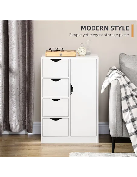HOMCOM Bathroom Cabinet, Freestanding Storage Cabinet with 4 Drawers, Door Cupboard for Living Room, Kitchen, Bedroom, White