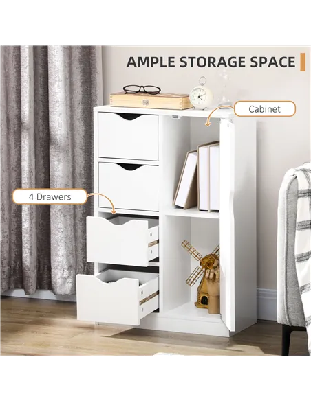 HOMCOM Bathroom Cabinet, Freestanding Storage Cabinet with 4 Drawers, Door Cupboard for Living Room, Kitchen, Bedroom, White