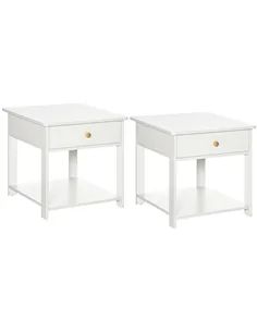 HOMCOM Bedside Table with Drawer and Bottom Shelf, Square Side End Table for Bedroom, Living Room, White, Set of 2