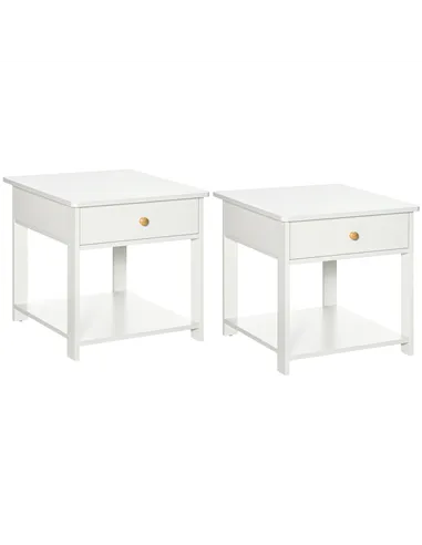 HOMCOM Bedside Table with Drawer and Bottom Shelf, Square Side End Table for Bedroom, Living Room, White, Set of 2