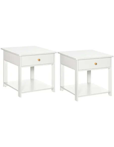 HOMCOM Bedside Table with Drawer and Bottom Shelf, Square Side End Table for Bedroom, Living Room, White, Set of 2
