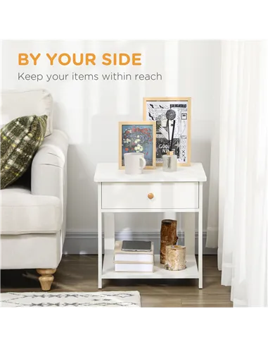 HOMCOM Bedside Table with Drawer and Bottom Shelf, Square Side End Table for Bedroom, Living Room, White, Set of 2