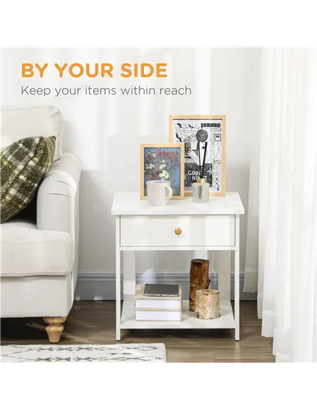 HOMCOM Bedside Table with Drawer and Bottom Shelf, Square Side End Table for Bedroom, Living Room, White, Set of 2