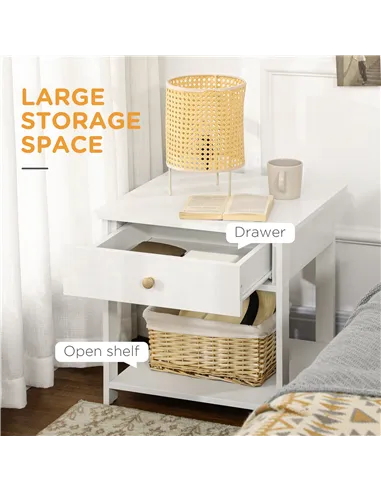HOMCOM Bedside Table with Drawer and Bottom Shelf, Square Side End Table for Bedroom, Living Room, White, Set of 2