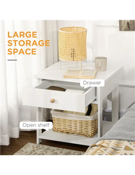 HOMCOM Bedside Table with Drawer and Bottom Shelf, Square Side End Table for Bedroom, Living Room, White, Set of 2