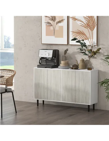 HOMCOM Kitchen Sideboard Storage Cabinet for Living Room with Adjustable Shelves 4 Doors and Pine Wood Legs White