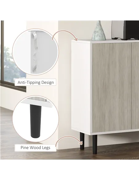 HOMCOM Kitchen Sideboard Storage Cabinet for Living Room with Adjustable Shelves 4 Doors and Pine Wood Legs White