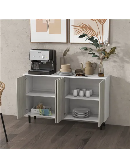 HOMCOM Kitchen Sideboard Storage Cabinet for Living Room with Adjustable Shelves 4 Doors and Pine Wood Legs White