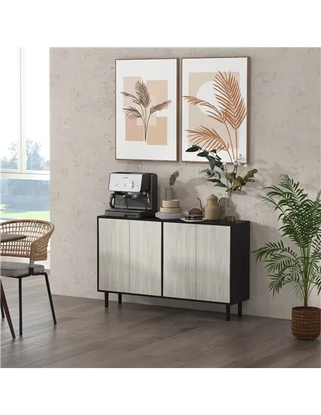 HOMCOM Kitchen Sideboard Storage Cabinet for Living Room with Adjustable Shelves 4 Doors and Pine Wood Legs Black