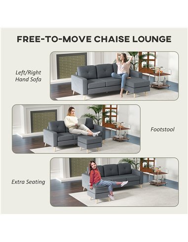 HOMCOM 3 Seater Sofa with Footstool, Fabric L-Shaped Sofa, Sectional Couch with Wood Legs, Tufting Cushioned Back for Small Spac