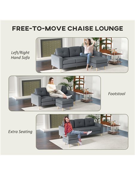 HOMCOM 3 Seater Sofa with Footstool, Fabric L-Shaped Sofa, Sectional Couch with Wood Legs, Tufting Cushioned Back for Small Spac