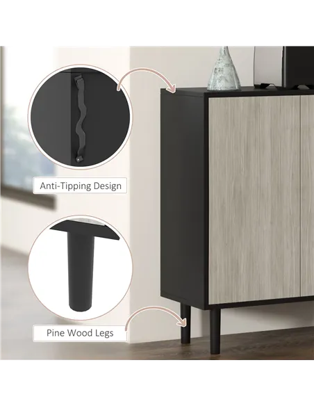 HOMCOM Kitchen Sideboard Storage Cabinet for Living Room with Adjustable Shelves 4 Doors and Pine Wood Legs Black