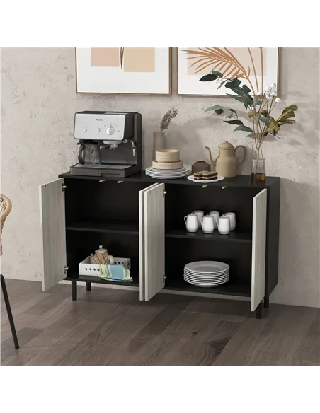 HOMCOM Kitchen Sideboard Storage Cabinet for Living Room with Adjustable Shelves 4 Doors and Pine Wood Legs Black