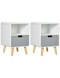HOMCOM Wooden Bedside Table End Nightstand With Drawer Wood Lamp Desk Storage Unit Bedroom Scandinavian Nordic Style, Set of 2