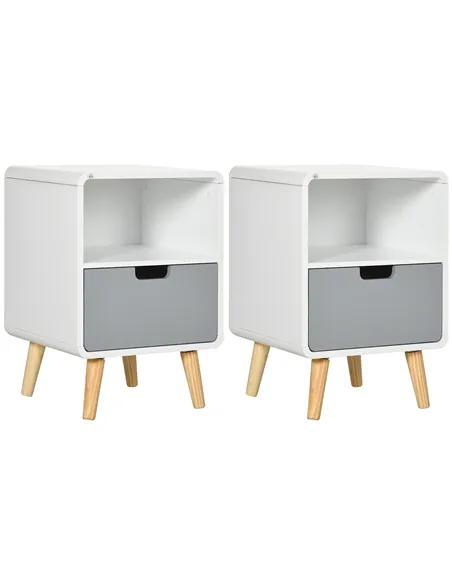 HOMCOM Wooden Bedside Table End Nightstand With Drawer Wood Lamp Desk Storage Unit Bedroom Scandinavian Nordic Style, Set of 2