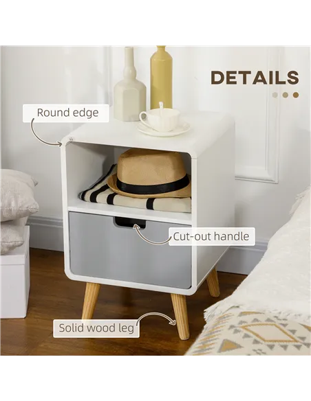 HOMCOM Wooden Bedside Table End Nightstand With Drawer Wood Lamp Desk Storage Unit Bedroom Scandinavian Nordic Style, Set of 2