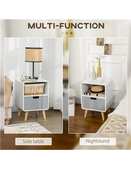 HOMCOM Wooden Bedside Table End Nightstand With Drawer Wood Lamp Desk Storage Unit Bedroom Scandinavian Nordic Style, Set of 2