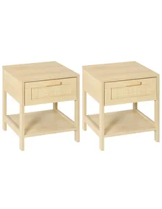 HOMCOM Bedside Table, Nightstand with Rattan Drawer and Storage Open Shelf, Farmhouse Side Table for Bedroom, Living Room, Set o