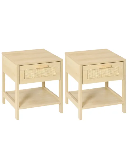 HOMCOM Bedside Table, Nightstand with Rattan Drawer and Storage Open Shelf, Farmhouse Side Table for Bedroom, Living Room, Set o