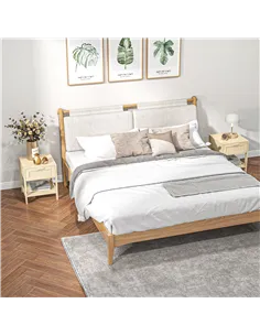 HOMCOM Bedside Table, Nightstand with Rattan Drawer and Storage Open Shelf, Farmhouse Side Table for Bedroom, Living Room, Set o 2