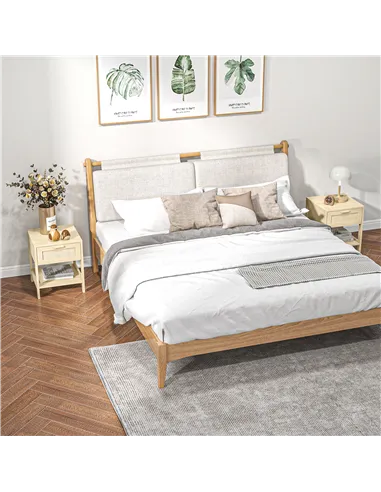 HOMCOM Bedside Table, Nightstand with Rattan Drawer and Storage Open Shelf, Farmhouse Side Table for Bedroom, Living Room, Set o