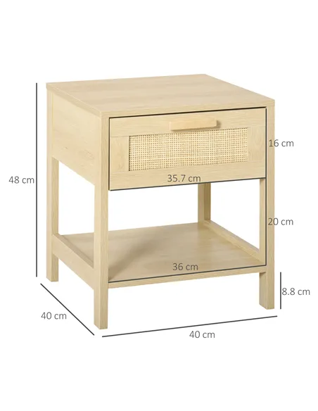 HOMCOM Bedside Table, Nightstand with Rattan Drawer and Storage Open Shelf, Farmhouse Side Table for Bedroom, Living Room, Set o