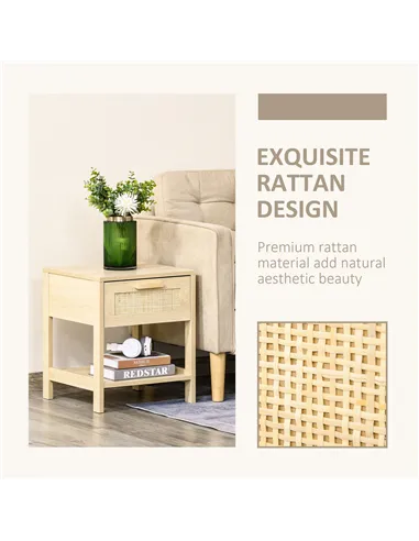 HOMCOM Bedside Table, Nightstand with Rattan Drawer and Storage Open Shelf, Farmhouse Side Table for Bedroom, Living Room, Set o
