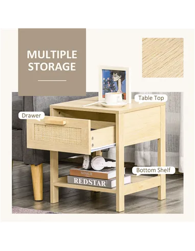HOMCOM Bedside Table, Nightstand with Rattan Drawer and Storage Open Shelf, Farmhouse Side Table for Bedroom, Living Room, Set o