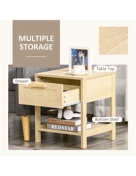 HOMCOM Bedside Table, Nightstand with Rattan Drawer and Storage Open Shelf, Farmhouse Side Table for Bedroom, Living Room, Set o