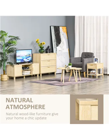 HOMCOM Bedside Table, Nightstand with Rattan Drawer and Storage Open Shelf, Farmhouse Side Table for Bedroom, Living Room, Set o