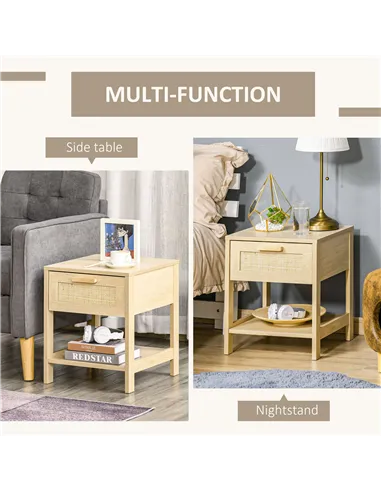 HOMCOM Bedside Table, Nightstand with Rattan Drawer and Storage Open Shelf, Farmhouse Side Table for Bedroom, Living Room, Set o